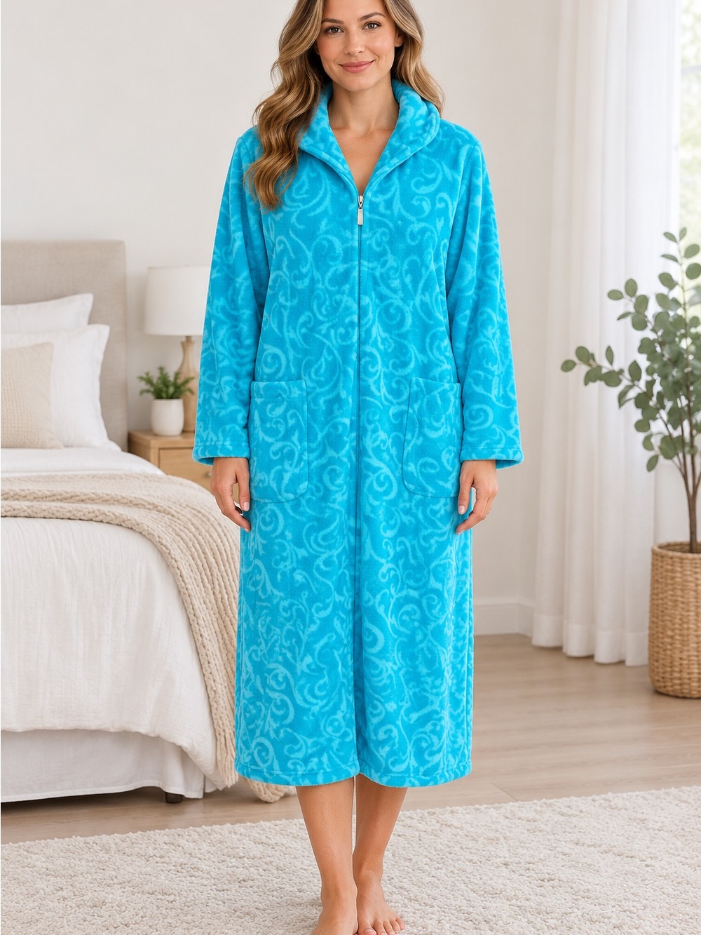Women's Turquoise Plush Zip-Front Long robe has two pockets size small